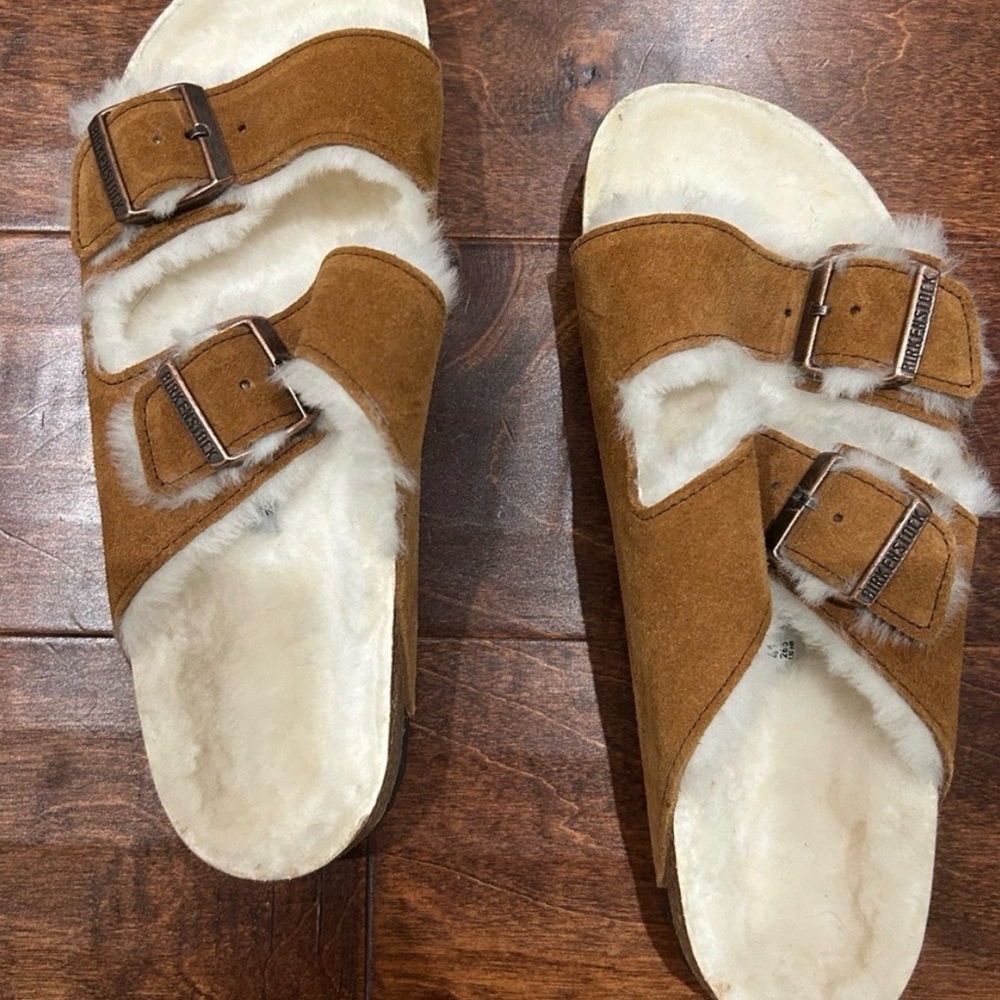 Birkenstock Tan Suede Shearling Slippers